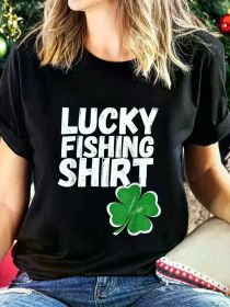 Ladies' "Lucky Fishing Shirt" Pattern T-Shirt - Black Short Sleeve, White Print, Casual Summer Top, Machine Washable (Color: Black, size: M)