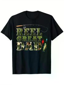 Camouflage Reel Great Dad Fishing Happy Fathers Day T-Shirt, 100% Cotton, Single Side Printed, Black Short Sleeve T-shirt (Color: Black, size: M)
