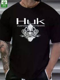 Men's HUK Performance Fishing Pattern T-Shirt - 100% Cotton, Black, with Raging Fish Design, Casual Summer Outdoor Wear (Color: Black, size: XXL)