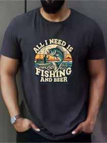 Fishing print t-shirt, men's casual short sleeve t-shirt, summer wear, casual style, regular fit, suitable for all seasons (Color: Black, size: M)