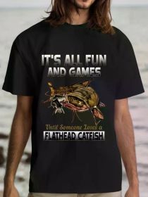 180G Pure Cotton Single-Sided Printed Round Neck T-Shirt Flat Head Catfish Fishing Shirt Freshwater Fish Shirt Gift (Color: Black, size: XL)